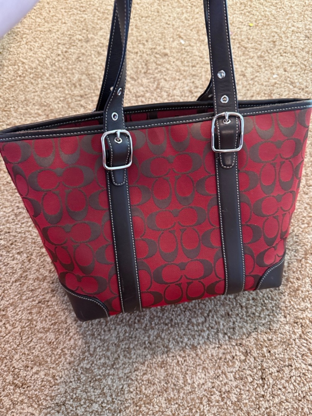Coach Signature-Print handbag red with Dark Brown Trim - Picture 5 of 6